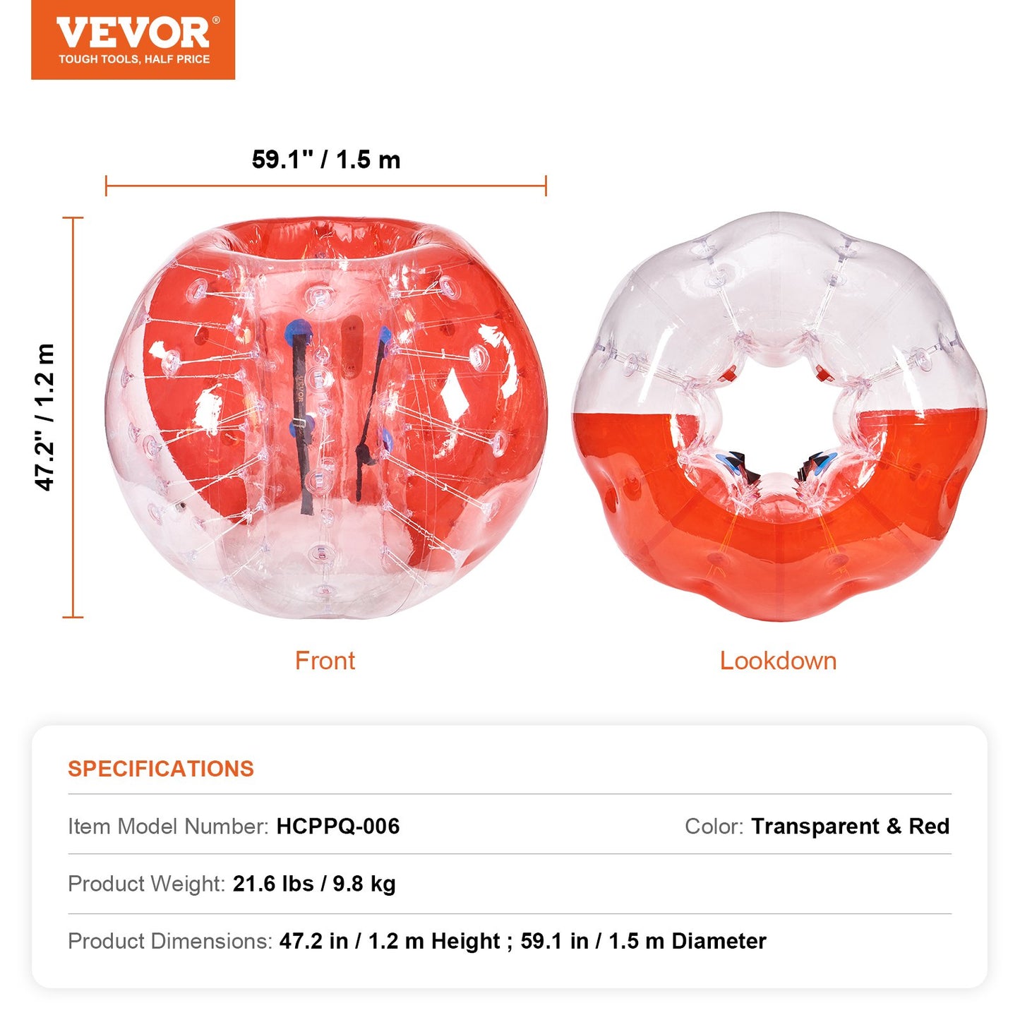 Inflatable Bumper Ball 1-Pack, 5FT/1.5M Body Sumo Zorb Balls for Teen & Adult, 0.8mm Thick PVC Human Hamster Bubble Balls for Outdoor Team Gaming Play, Bumper Bopper Toys for Garden, Yard, Park