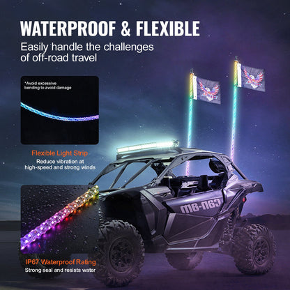 VEVOR 2 PCS 3 FT Whip Light with Spring Base, Led Whip Light with APP & Remote Control,