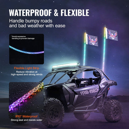 VEVOR 2 PCS 3 FT Whip Light, APP & RF Remote Control Led Whip Light, Waterproof