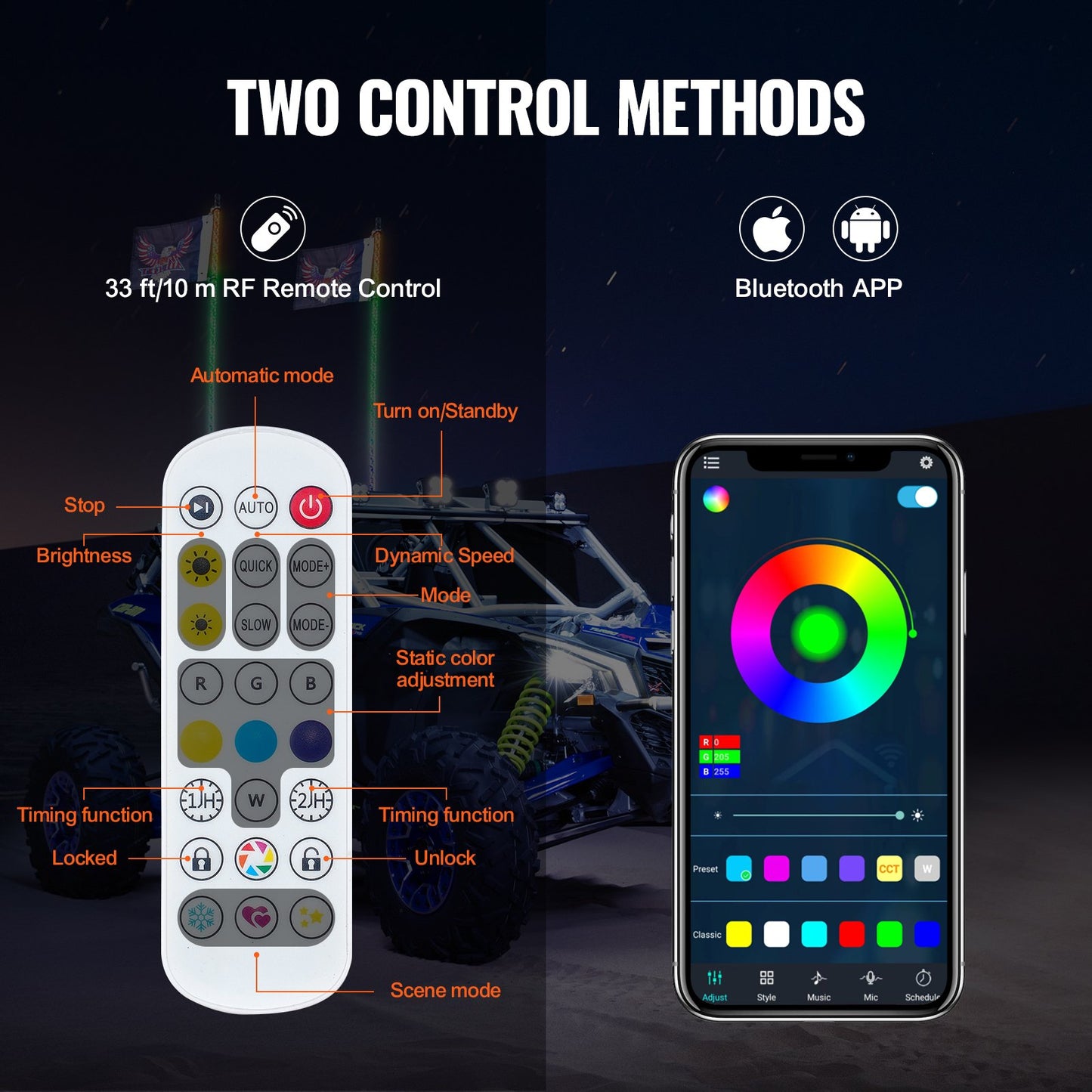 VEVOR 2 PCS 4 FT Whip Light, APP & RF Remote Control Led Whip Light, Waterproof