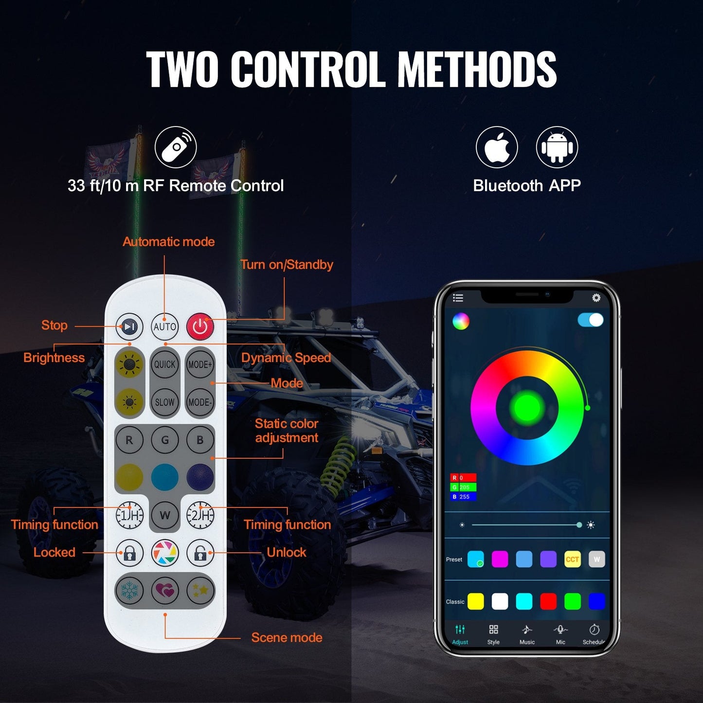 Dual 1.2m RGB Spiral LED Whip Lights with Remote & App Control, Waterproof IP67