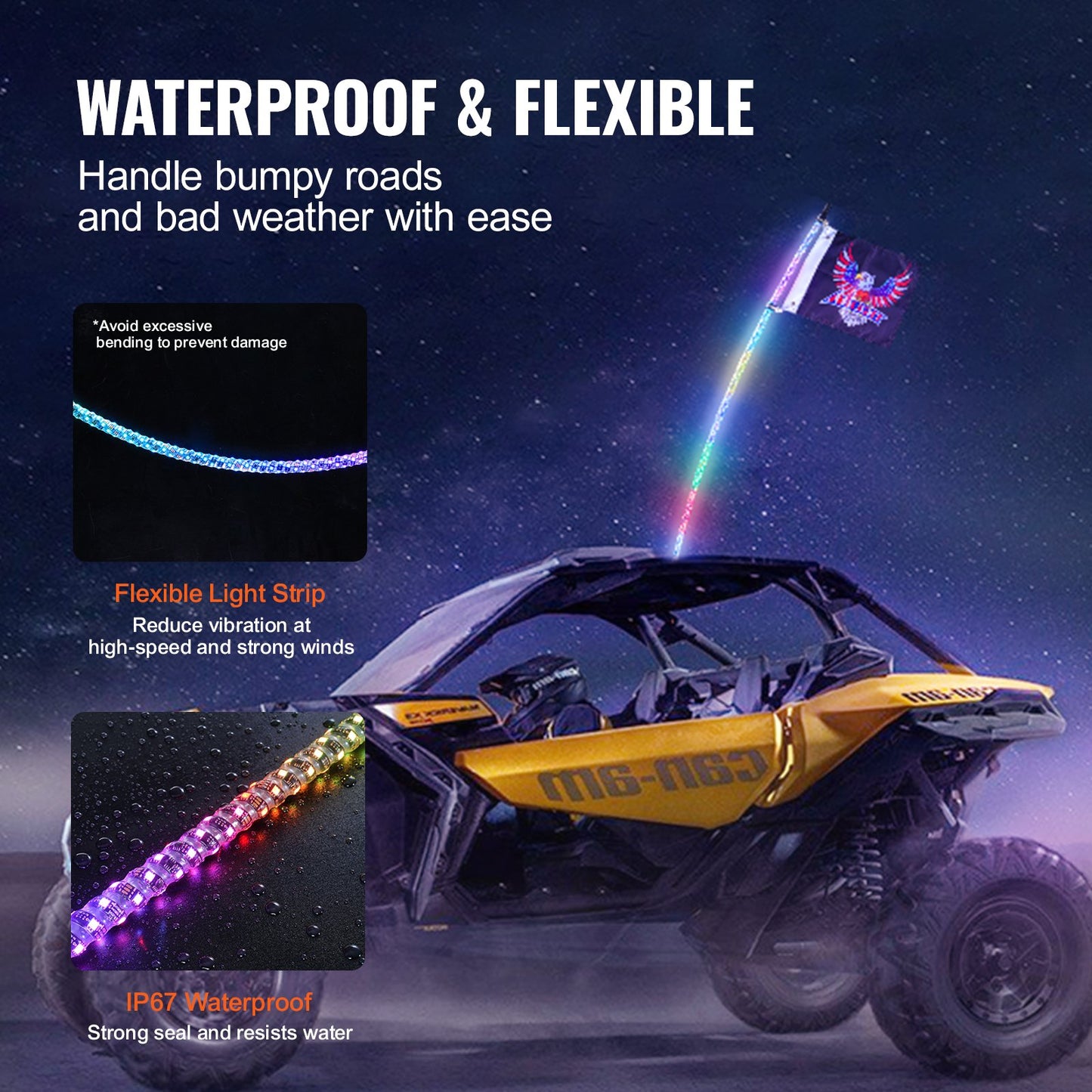 VEVOR 1 PC 5 FT Whip Light, APP & RF Remote Control Led Whip Light, Waterproof 360°Spiral