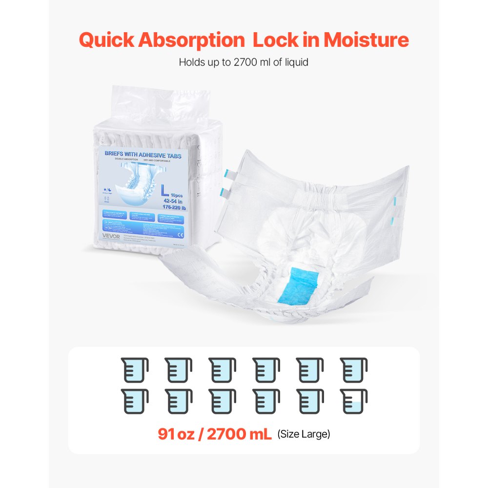 VEVOR Adult Briefs with Adhesive Tabs Incontinence Briefs for Men Women L Size
