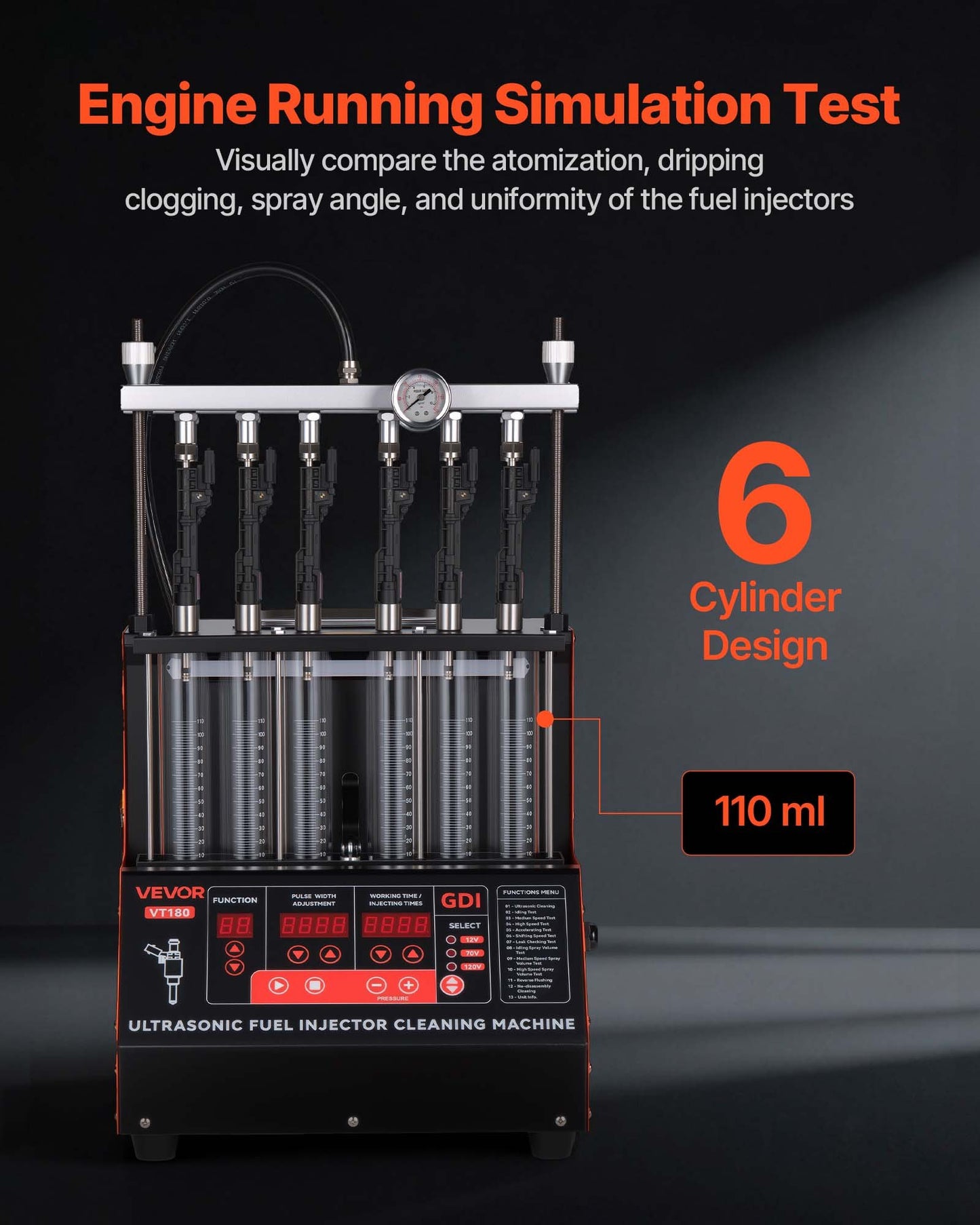 Fuel Injector Cleaner Tester, 9 Test Modes, 6-Cylinder 28kHz Ultrasonic Cleaning Machine Adjustable 12V/70V/120V for EFI/FSI/GDI, Injector Cleaner Machine with Drain Valve for Car & Motorcycle