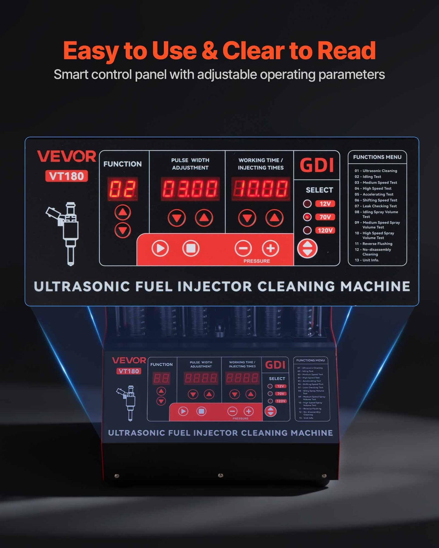 Fuel Injector Cleaner Tester, 9 Test Modes, 6-Cylinder 28kHz Ultrasonic Cleaning Machine Adjustable 12V/70V/120V for EFI/FSI/GDI, Injector Cleaner Machine with Drain Valve for Car & Motorcycle