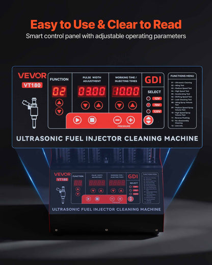 Fuel Injector Cleaner Tester, 9 Test Modes, 6-Cylinder 28kHz Ultrasonic Cleaning Machine Adjustable 12V/70V/120V for EFI/FSI/GDI, Injector Cleaner Machine with Drain Valve for Car & Motorcycle