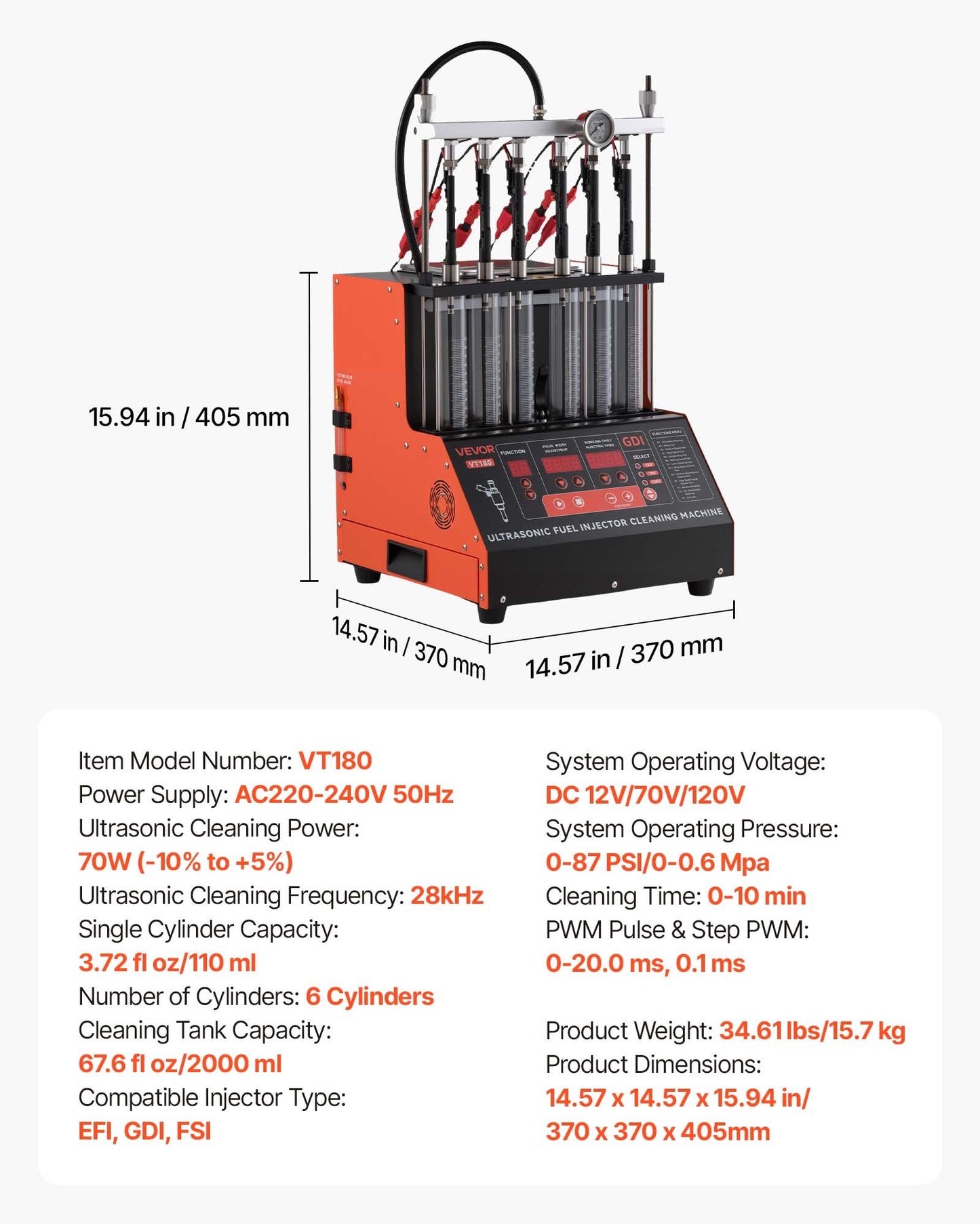 Fuel Injector Cleaner Tester, 9 Test Modes, 6-Cylinder 28kHz Ultrasonic Cleaning Machine Adjustable 12V/70V/120V for EFI/FSI/GDI, Injector Cleaner Machine with Drain Valve for Car & Motorcycle