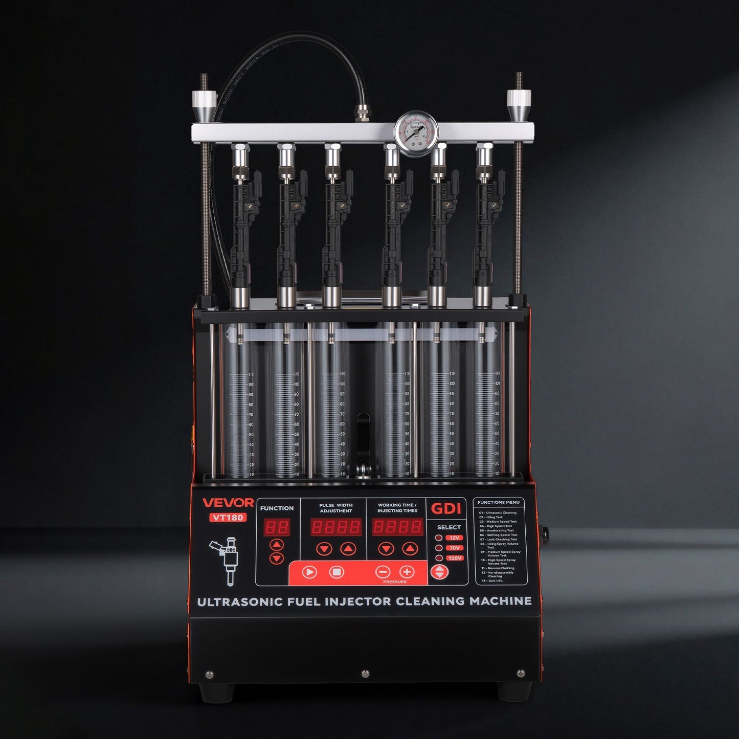 Fuel Injector Cleaner Tester, 9 Test Modes, 6-Cylinder 28kHz Ultrasonic Cleaning Machine Adjustable 12V/70V/120V for EFI/FSI/GDI, Injector Cleaner Machine with Drain Valve for Car & Motorcycle