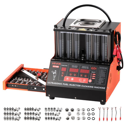 Fuel Injector Cleaner Tester, 9 Test Modes, 6-Cylinder 28kHz Ultrasonic Cleaning Machine Adjustable 12V/70V/120V for EFI/FSI/GDI, Injector Cleaner Machine with Drain Valve for Car & Motorcycle