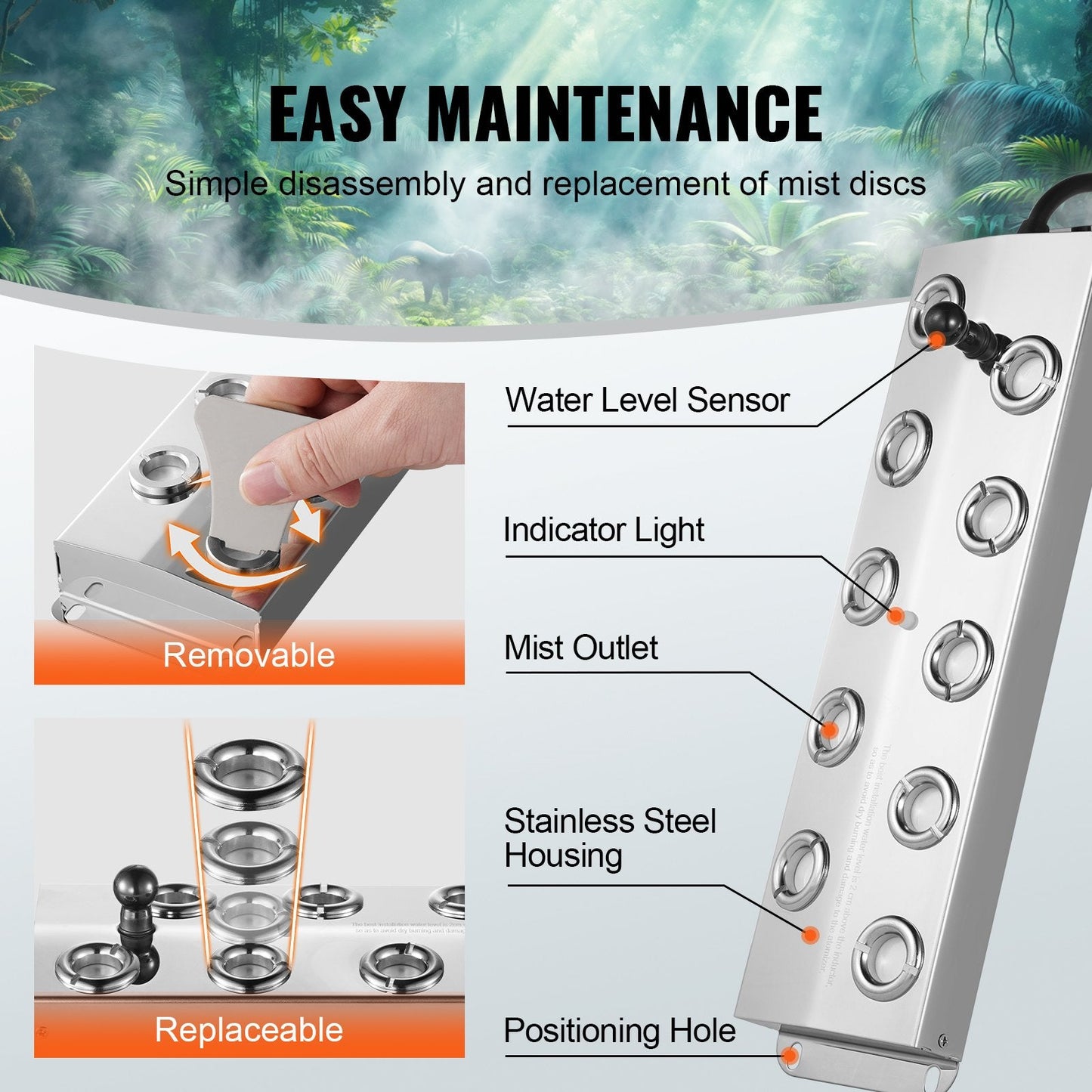 10-Head Ultrasonic Mist Maker, 7L/h, IP67, Stainless Steel, 2.5 kg, 275x77x28 mm