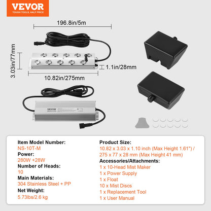 VEVOR 10 Head Ultrasonic Mist Maker 7000mL/H Ultrasonic Fogger IP67 Waterproof