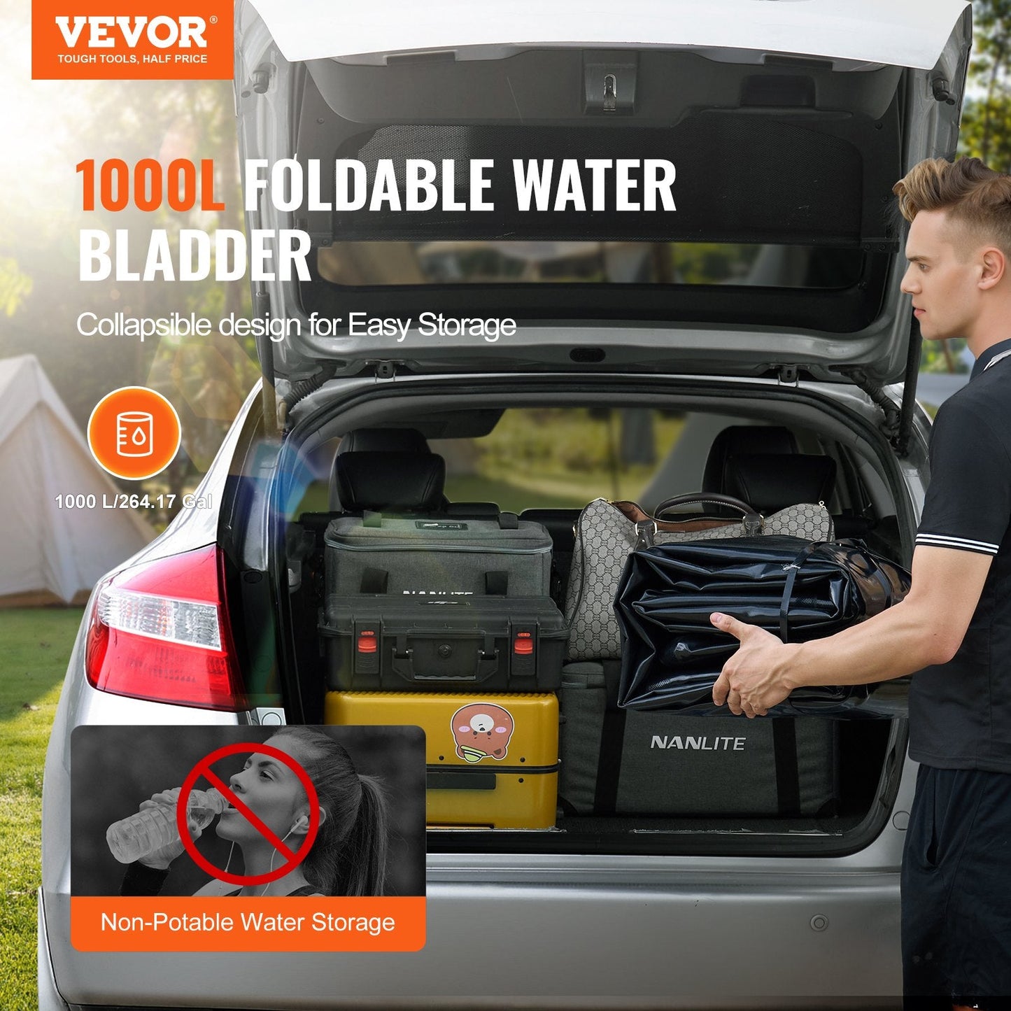 Collapsible PVC Water Storage Bladder, 1000L Capacity, Black, 198x97x48 cm