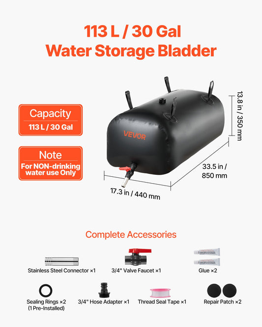 Water Storage Bladder, 113L Portable & Collapsible Water Storage Bag, Wear-Resistant 1000D PVC Soft Waters Bag, Leakproof Camping Tank Containers for Garden Irrigation RV Emergency Use, Black