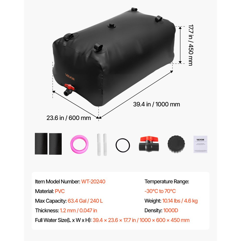 Water Storage Bladder 240L PVC Collapsible Portable Water Tank Black