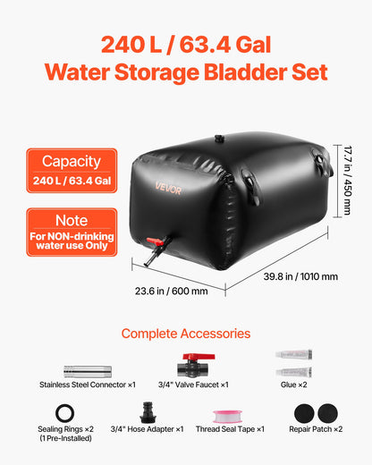 Water Storage Bladder, 240L Portable & Collapsible Water Storage Bag, Wear-Resistant 1000D PVC Soft Waters Bag, Leakproof Camping Tank Containers for Garden Irrigation RV Emergency Use, Black