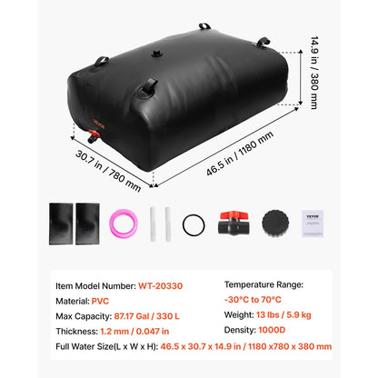 Water Storage Bladder 330L PVC Collapsible Portable Water Tank Black