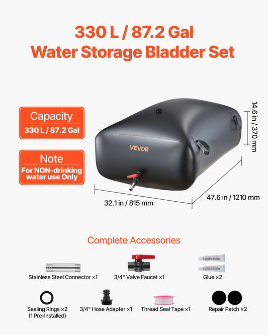 Water Storage Bladder, 330L Portable & Collapsible Water Storage Bag, Wear-Resistant 1000D PVC Soft Waters Bag, Leakproof Camping Tank Containers for Garden Irrigation RV Emergency Use, Black