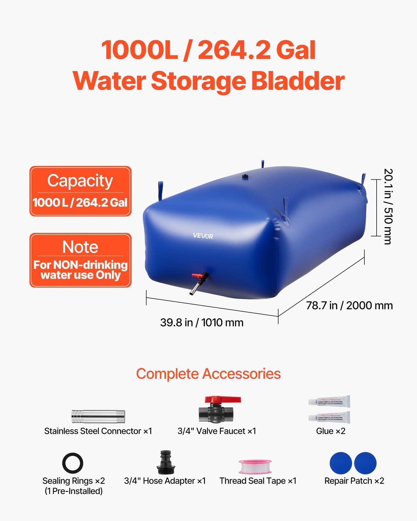Water Storage Bladder 1000L Large Capacity Water Bag, Portable & Collapsible Soft Waters Container, Leakproof & Tear-Resistant PVC Emergency Waters Storage Tank for RV Truck & Outdoor Use