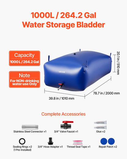 Water Storage Bladder 1000L Large Capacity Water Bag, Portable & Collapsible Soft Waters Container, Leakproof & Tear-Resistant PVC Emergency Waters Storage Tank for RV Truck & Outdoor Use