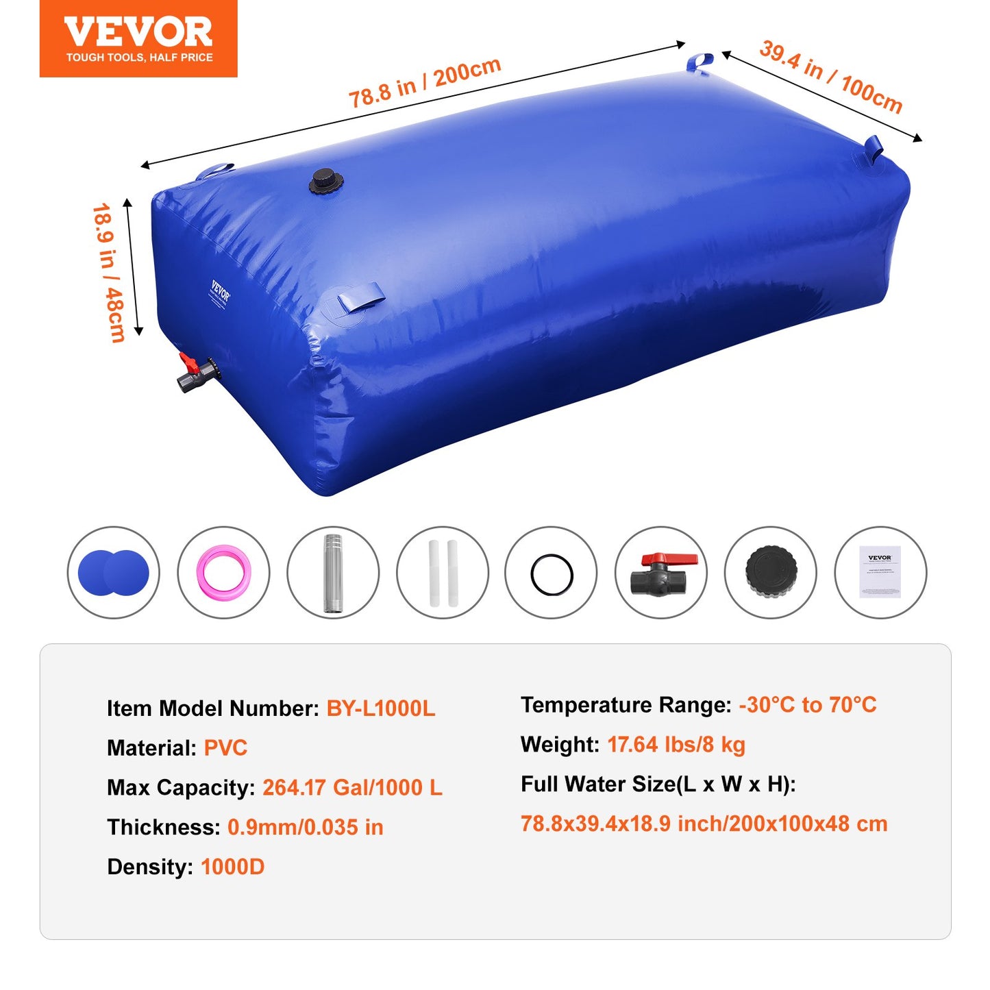 VEVOR Portable Water Storage Bladder 264 Gal 1000D PVC Collapsible Water Tank