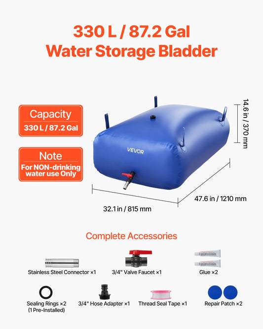 Water Storage Bladder, 330L Portable & Collapsible Water Storage Bag, Wear-Resistant 1000D PVC Soft Waters Bag, Leakproof Camping Tank Containers for Garden Irrigation RV Emergency Use, Blue