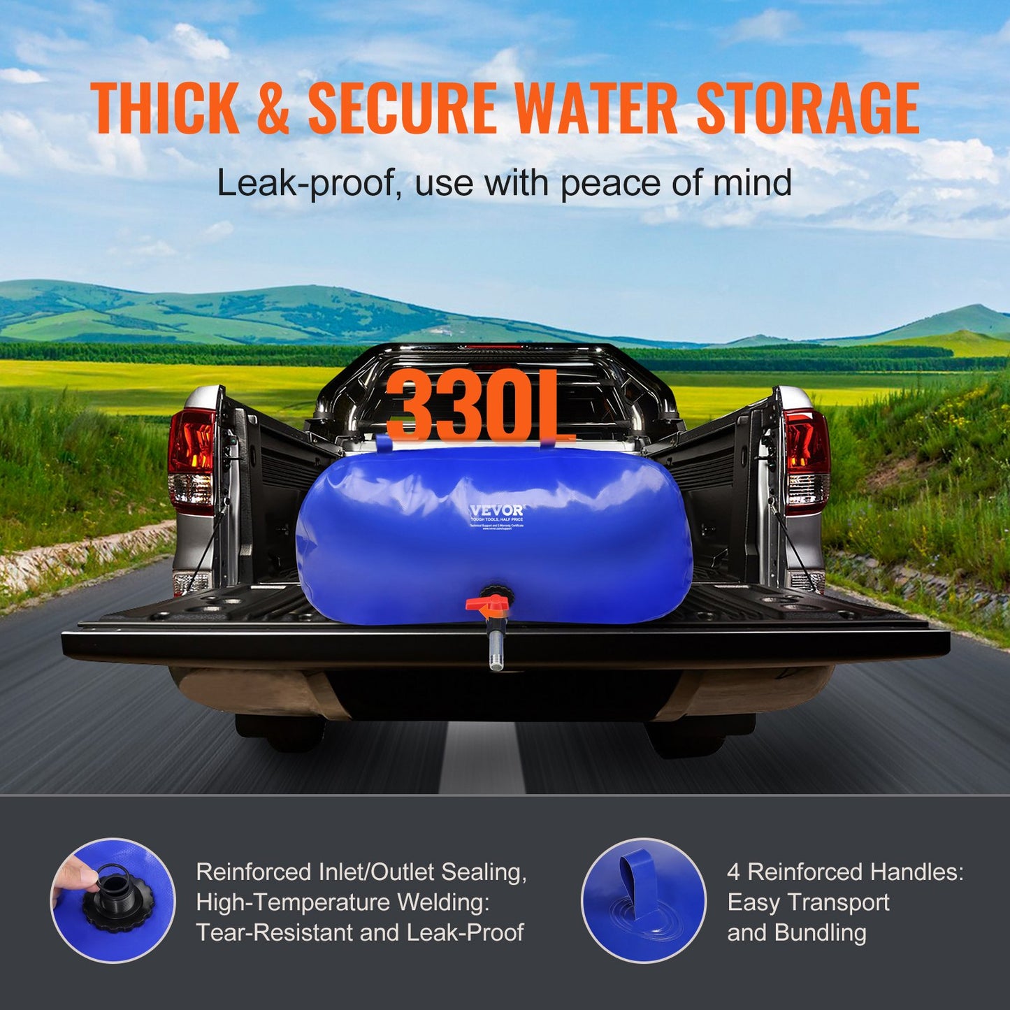 VEVOR Portable Water Storage Bladder 87 Gal 1000D PVC Collapsible Water Tank