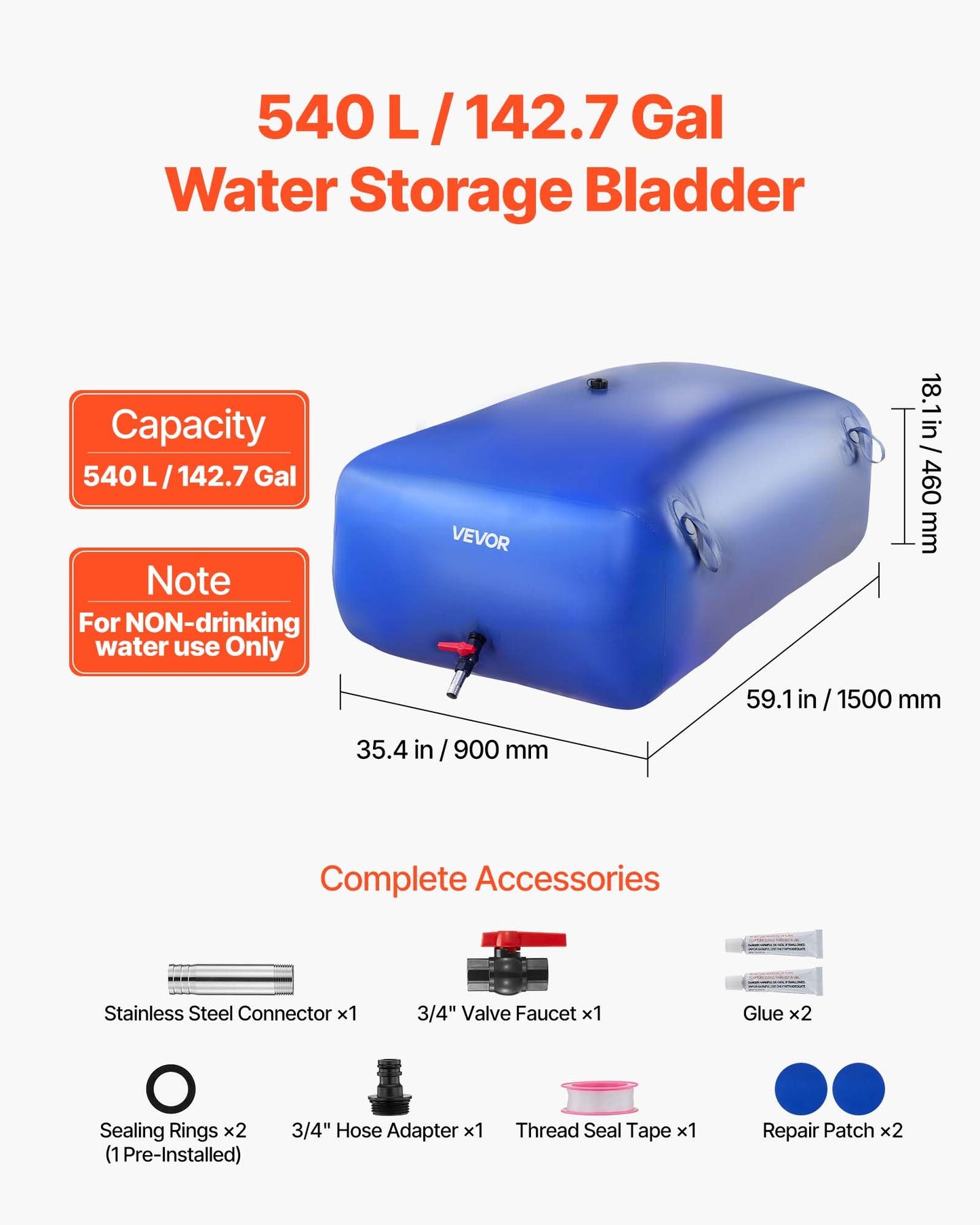 Water Storage Bladder, 540L Portable & Collapsible Water Storage Bag, Wear-Resistant 1000D PVC Soft Waters Bag, Leakproof Camping Tank Containers for Garden Irrigation RV Emergency Use, Blue
