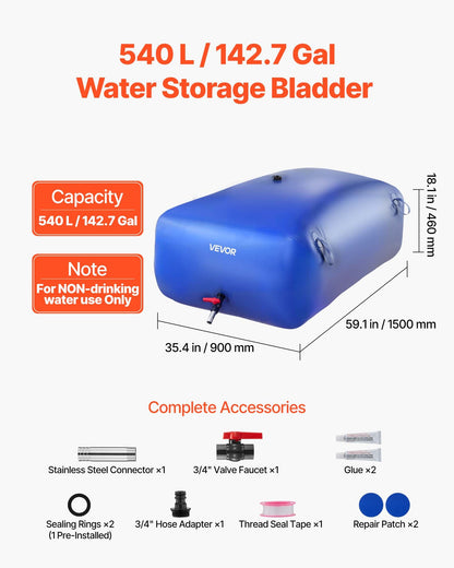 Water Storage Bladder, 540L Portable & Collapsible Water Storage Bag, Wear-Resistant 1000D PVC Soft Waters Bag, Leakproof Camping Tank Containers for Garden Irrigation RV Emergency Use, Blue