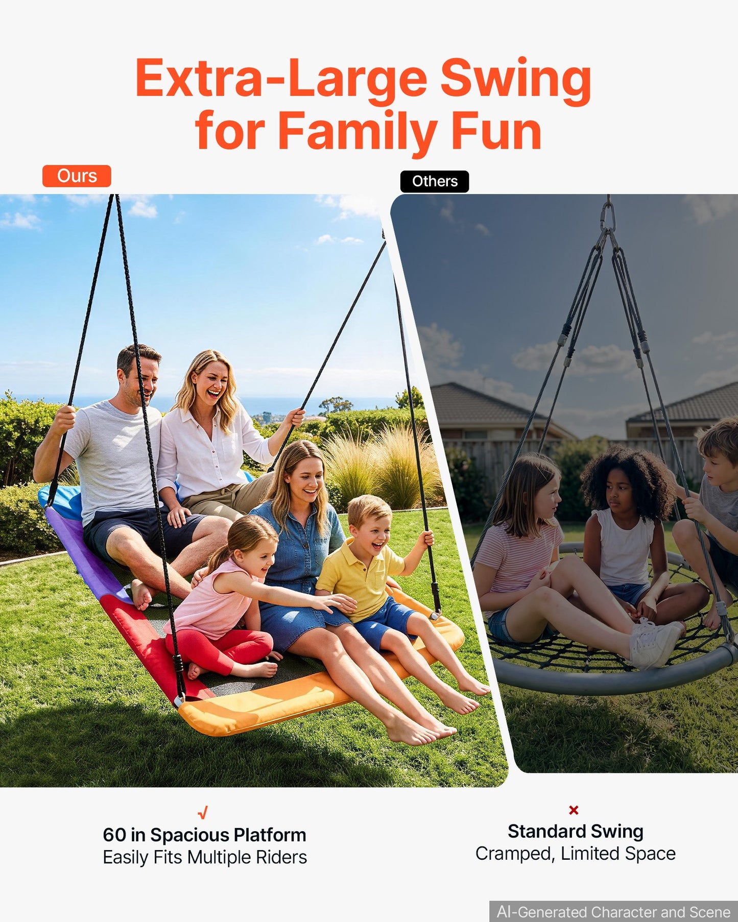 Platform Tree Swing for Kids and Adults 317 kg 149 cm Giant Rectangle, for Backyard Outdoor & Indoor, 900D Oxford Fabric Swing Seat with 2 Hanging Straps, Adjustable Ropes and Curved Edge Design