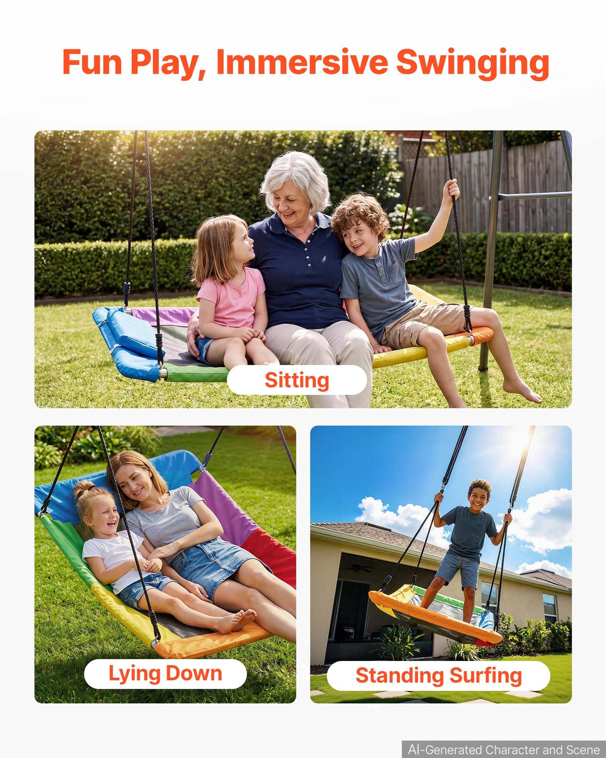 Platform Tree Swing for Kids and Adults 317 kg 149 cm Giant Rectangle, for Backyard Outdoor & Indoor, 900D Oxford Fabric Swing Seat with 2 Hanging Straps, Adjustable Ropes and Curved Edge Design