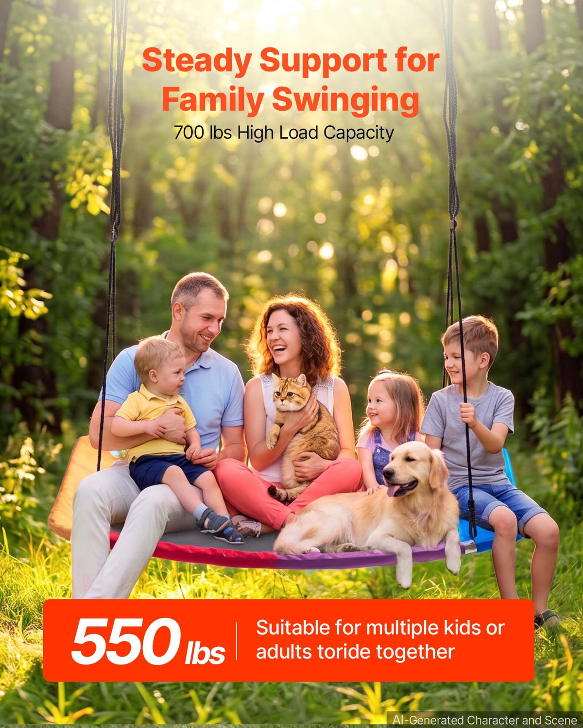 Platform Tree Swing for Kids and Adults 317 kg 149 cm Giant Rectangle, for Backyard Outdoor & Indoor, 900D Oxford Fabric Swing Seat with 2 Hanging Straps, Adjustable Ropes and Curved Edge Design