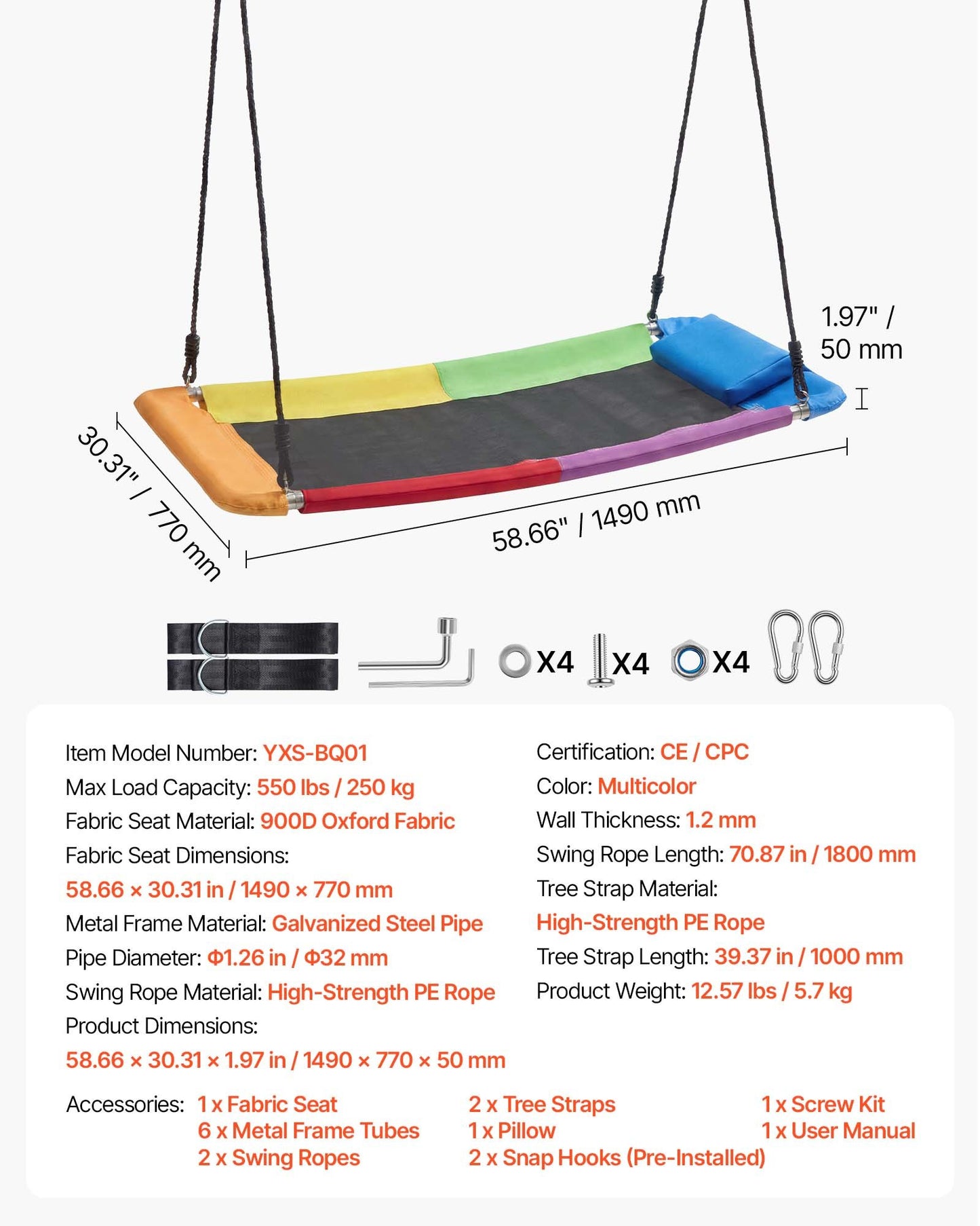 Platform Tree Swing for Kids and Adults 317 kg 149 cm Giant Rectangle, for Backyard Outdoor & Indoor, 900D Oxford Fabric Swing Seat with 2 Hanging Straps, Adjustable Ropes and Curved Edge Design