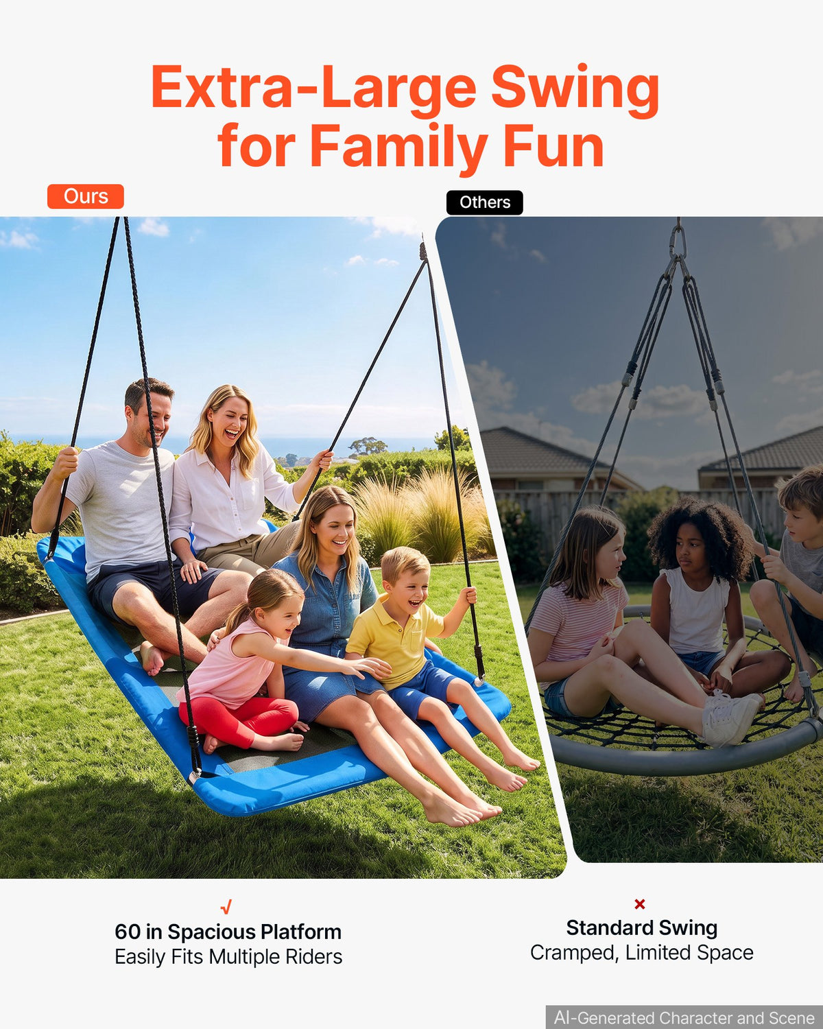 Platform Tree Swing for Kids and Adults 317 kg 149 cm Rectangle Blue, for Backyard Outdoor & Indoor, 900D Oxford Fabric Giant Seat with 2 Hanging Straps, Adjustable Ropes and Curved Edge Design