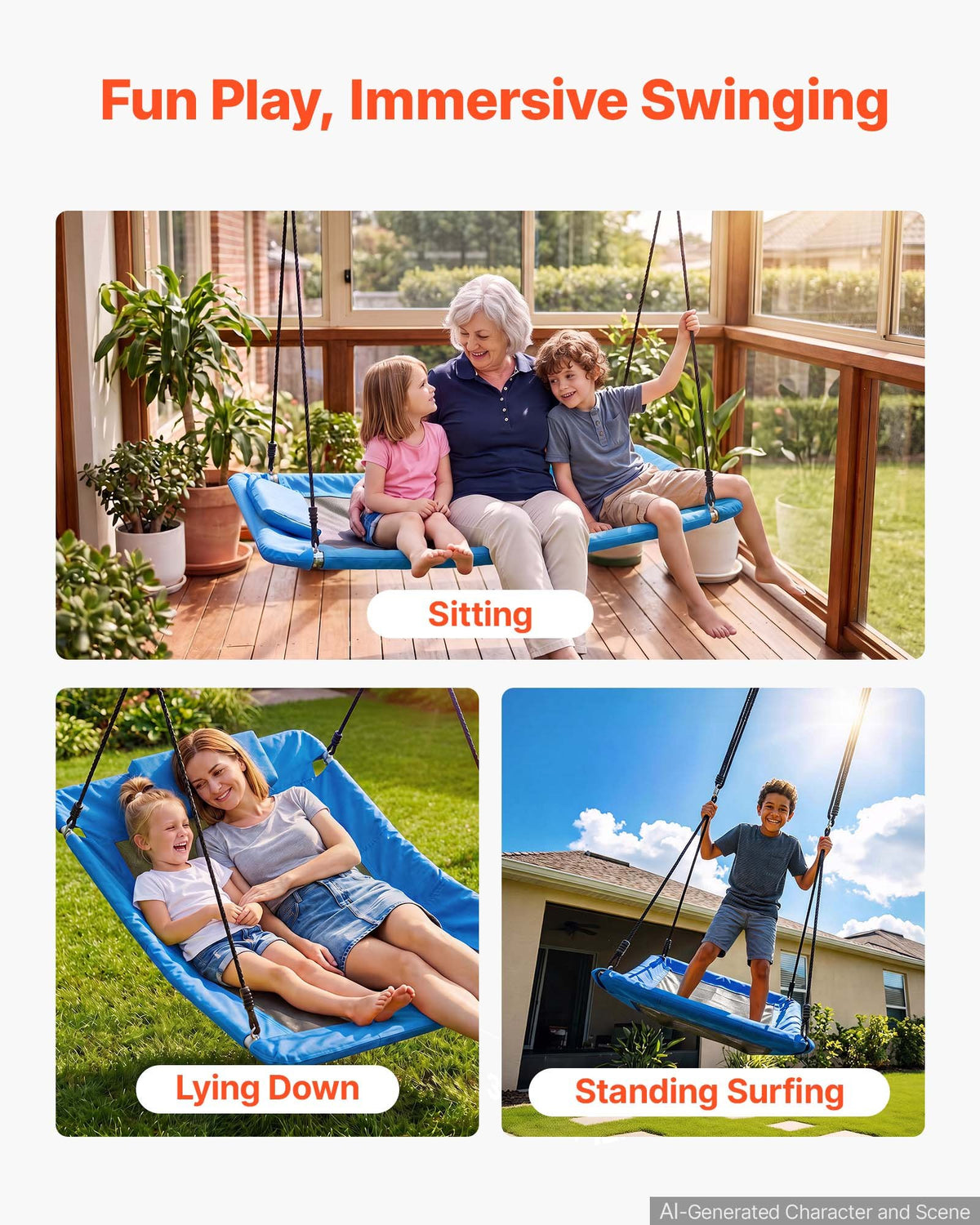 Platform Tree Swing for Kids and Adults 317 kg 149 cm Rectangle Blue, for Backyard Outdoor & Indoor, 900D Oxford Fabric Giant Seat with 2 Hanging Straps, Adjustable Ropes and Curved Edge Design