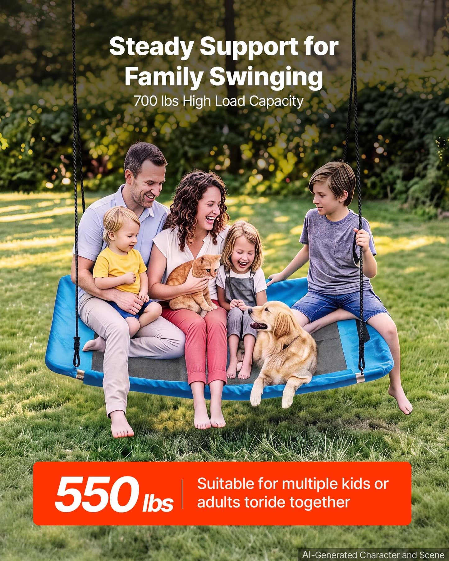 Platform Tree Swing for Kids and Adults 317 kg 149 cm Rectangle Blue, for Backyard Outdoor & Indoor, 900D Oxford Fabric Giant Seat with 2 Hanging Straps, Adjustable Ropes and Curved Edge Design