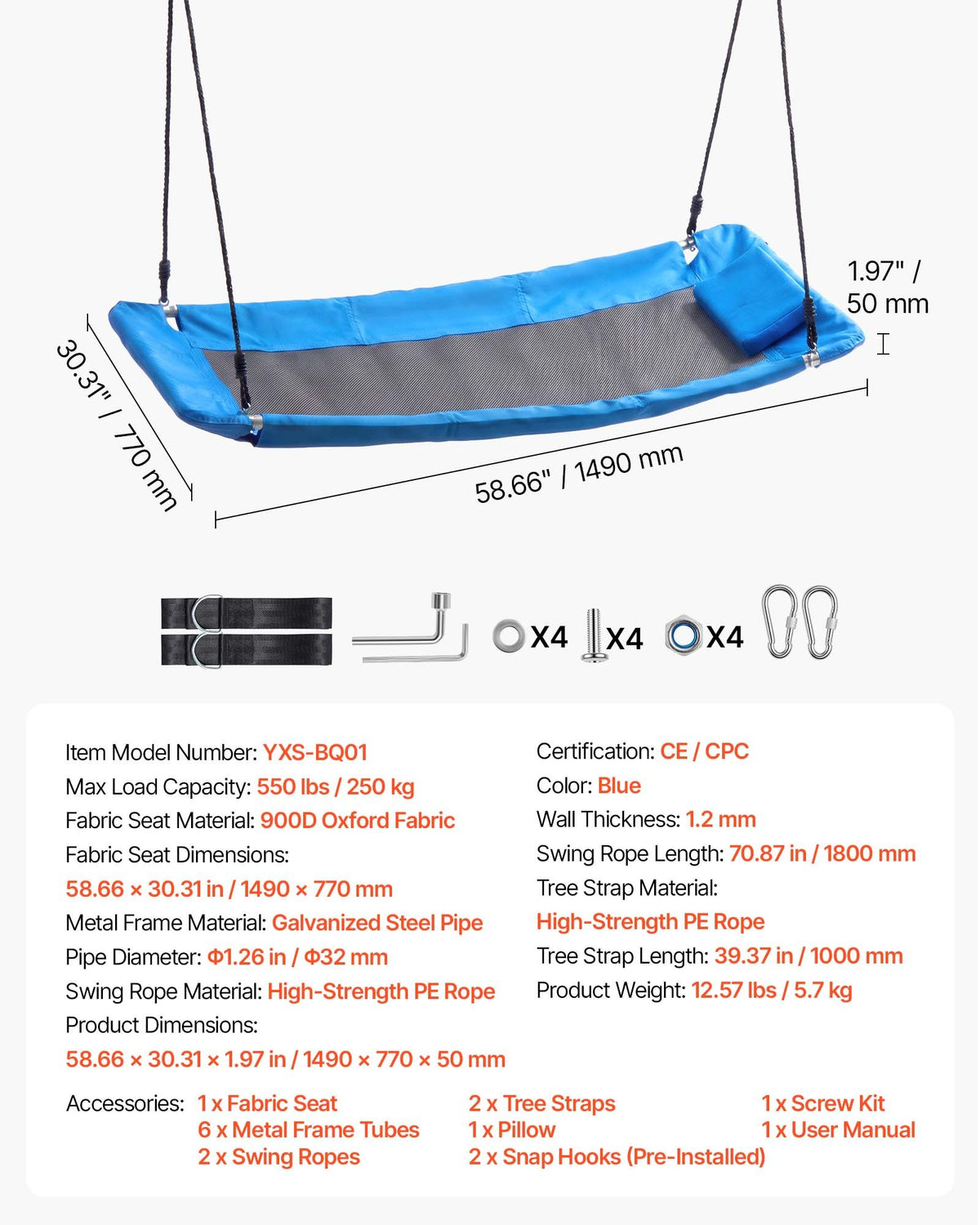 Platform Tree Swing for Kids and Adults 317 kg 149 cm Rectangle Blue, for Backyard Outdoor & Indoor, 900D Oxford Fabric Giant Seat with 2 Hanging Straps, Adjustable Ropes and Curved Edge Design