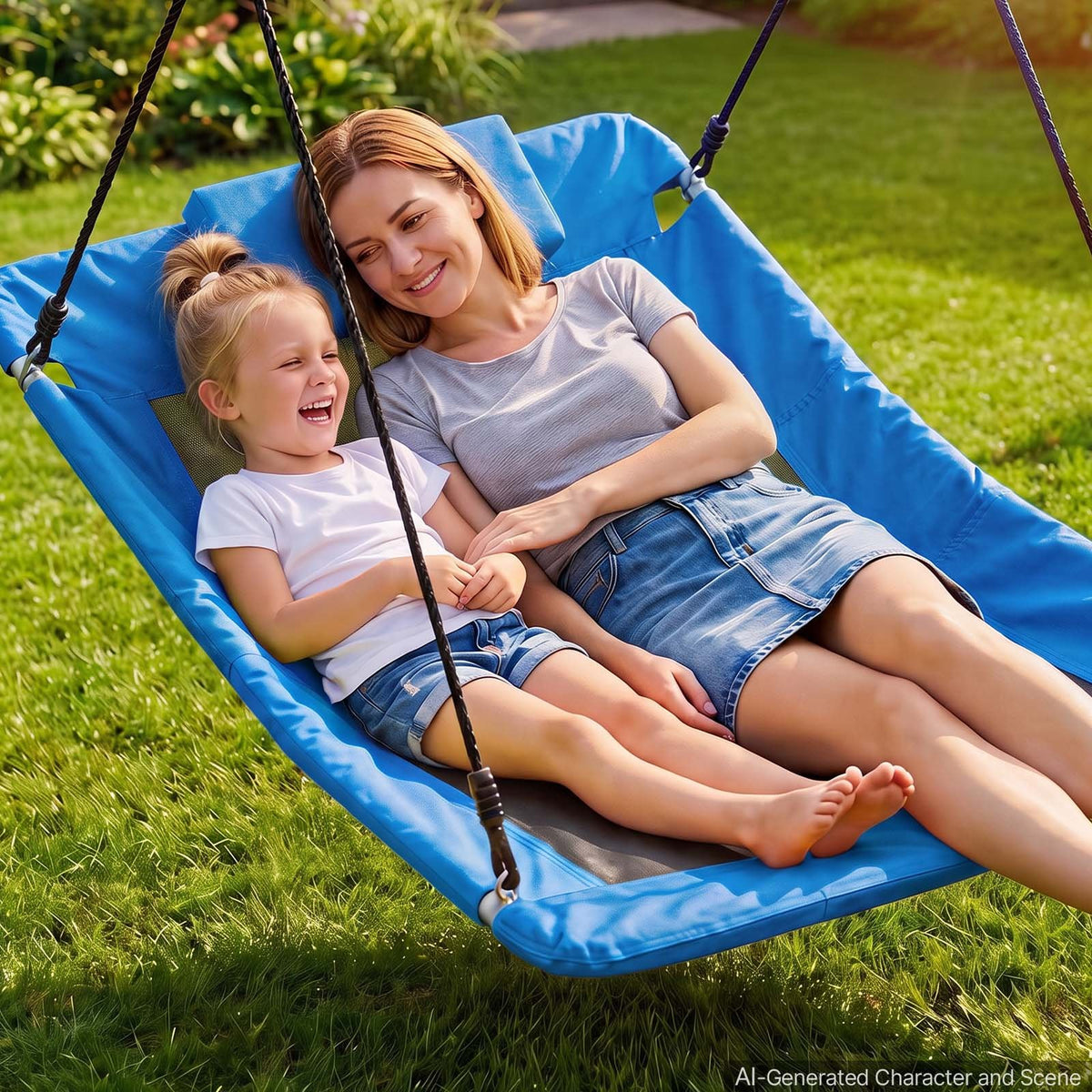 Platform Tree Swing for Kids and Adults 317 kg 149 cm Rectangle Blue, for Backyard Outdoor & Indoor, 900D Oxford Fabric Giant Seat with 2 Hanging Straps, Adjustable Ropes and Curved Edge Design