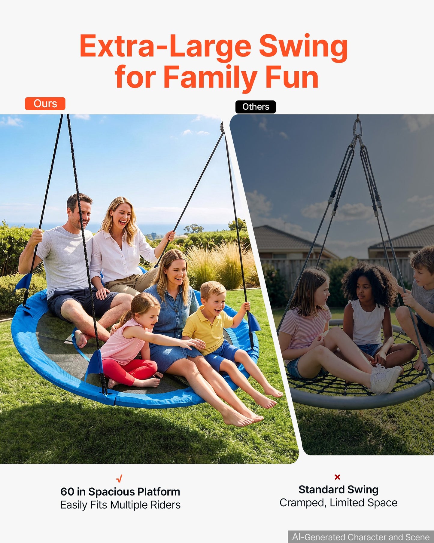 Tree Swing 149 cm Saucer Swing for Kids Adults 317 kg Weight Capacity, for Backyard Outdoor & Indoor, 360° Rotation, 900D Oxford Fabric Round Seat with 2 Hanging Straps & Adjustable Ropes, Blue