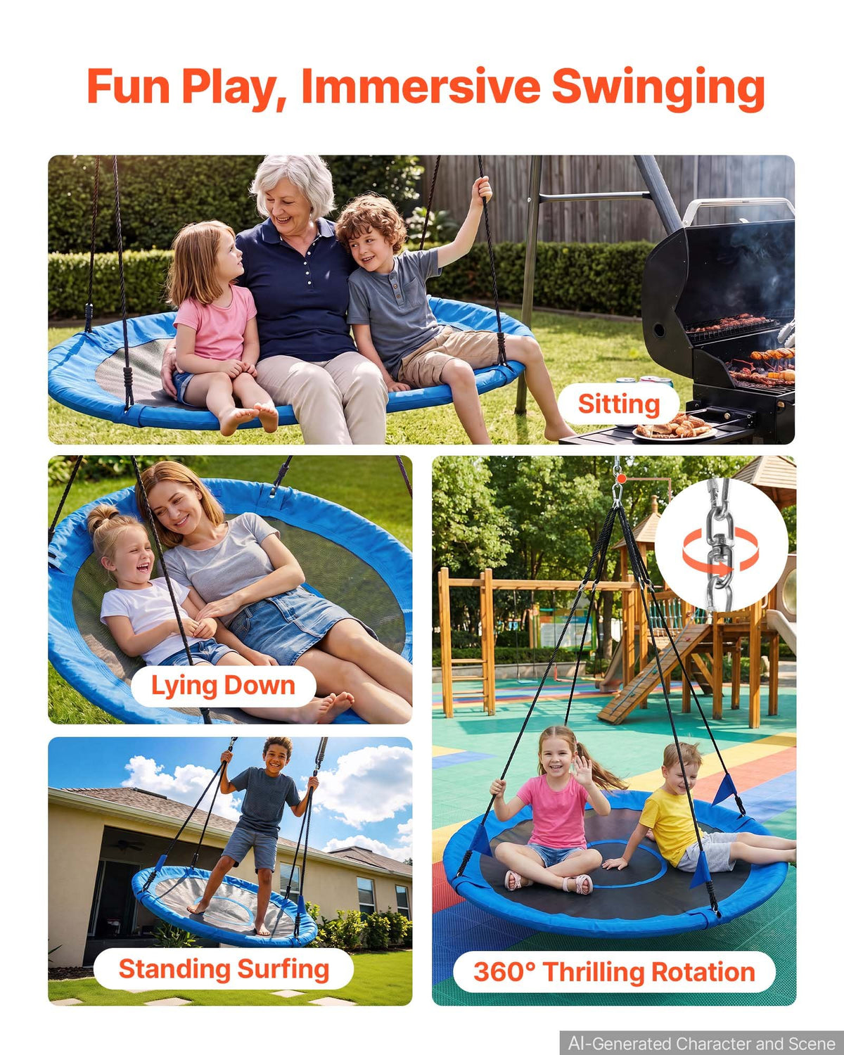 Tree Swing 149 cm Saucer Swing for Kids Adults 317 kg Weight Capacity, for Backyard Outdoor & Indoor, 360° Rotation, 900D Oxford Fabric Round Seat with 2 Hanging Straps & Adjustable Ropes, Blue