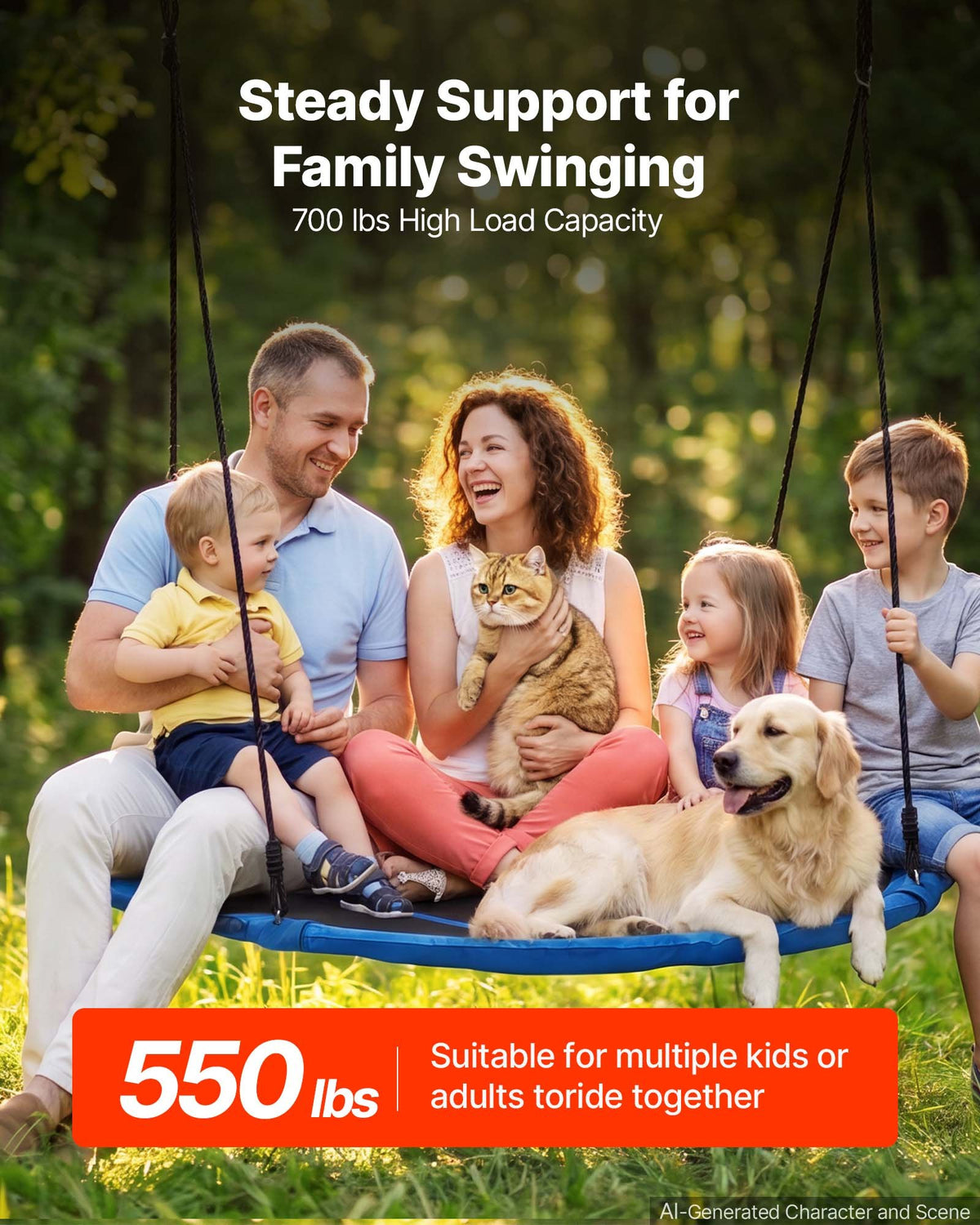Tree Swing 149 cm Saucer Swing for Kids Adults 317 kg Weight Capacity, for Backyard Outdoor & Indoor, 360° Rotation, 900D Oxford Fabric Round Seat with 2 Hanging Straps & Adjustable Ropes, Blue