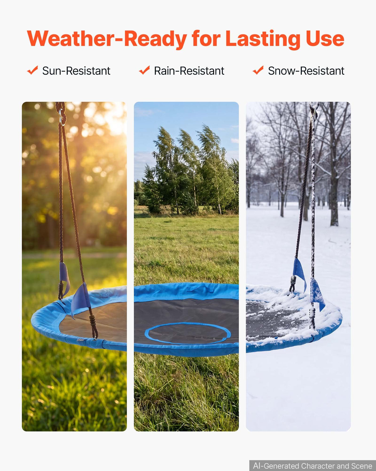 Tree Swing 149 cm Saucer Swing for Kids Adults 317 kg Weight Capacity, for Backyard Outdoor & Indoor, 360° Rotation, 900D Oxford Fabric Round Seat with 2 Hanging Straps & Adjustable Ropes, Blue