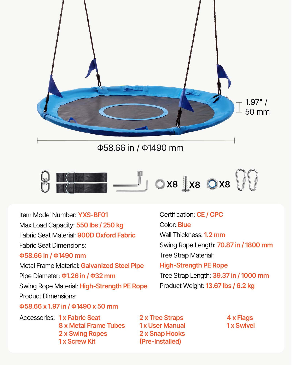 Tree Swing 149 cm Saucer Swing for Kids Adults 317 kg Weight Capacity, for Backyard Outdoor & Indoor, 360° Rotation, 900D Oxford Fabric Round Seat with 2 Hanging Straps & Adjustable Ropes, Blue