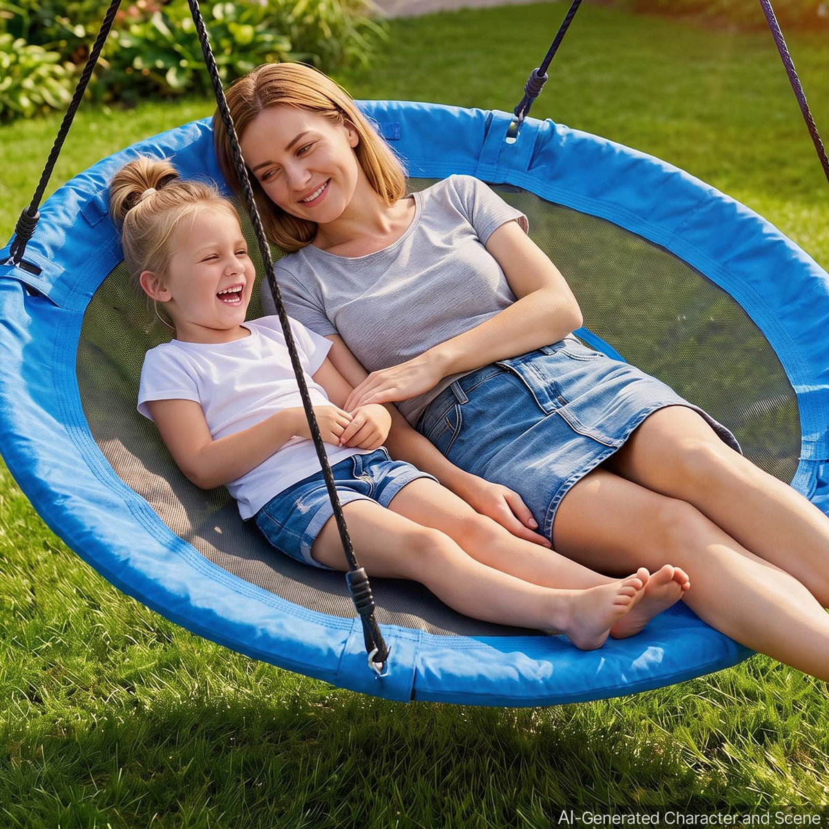 Tree Swing 149 cm Saucer Swing for Kids Adults 317 kg Weight Capacity, for Backyard Outdoor & Indoor, 360° Rotation, 900D Oxford Fabric Round Seat with 2 Hanging Straps & Adjustable Ropes, Blue