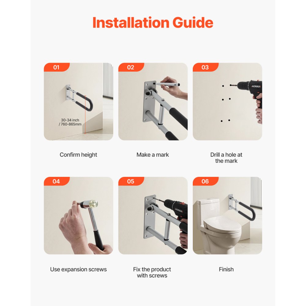 VEVOR Folding Toilet Safety Rail 60.5 cm 136 kg Load Capacity Handicap Grab Bar