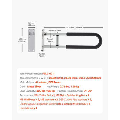 VEVOR Folding Toilet Safety Rail 60.5 cm 136 kg Load Capacity Handicap Grab Bar