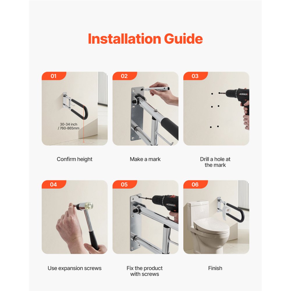 VEVOR Folding Toilet Safety Rail 76.5 cm 136 kg Load Capacity with Paper Holder