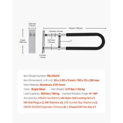 VEVOR Folding Toilet Safety Rail 76.5 cm 136 kg Load Capacity with Paper Holder