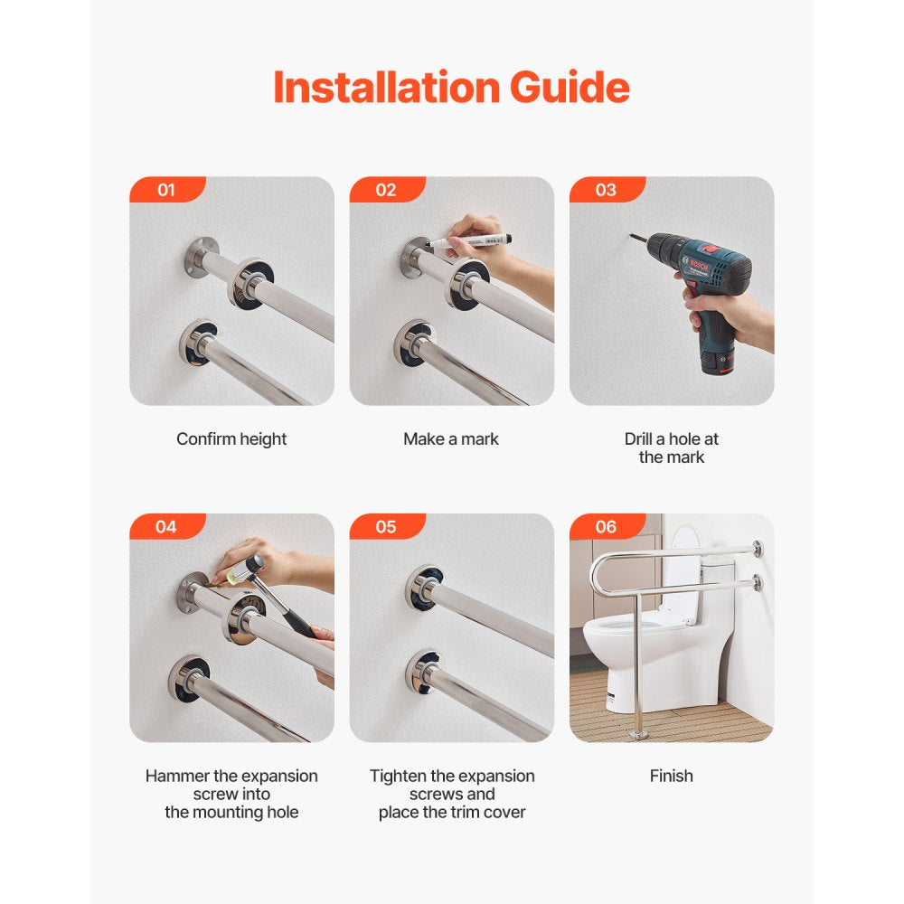 VEVOR Toilet Safety Rail with Leg 80 cm 136 kg Capacity Stainless Steel Grab Bar