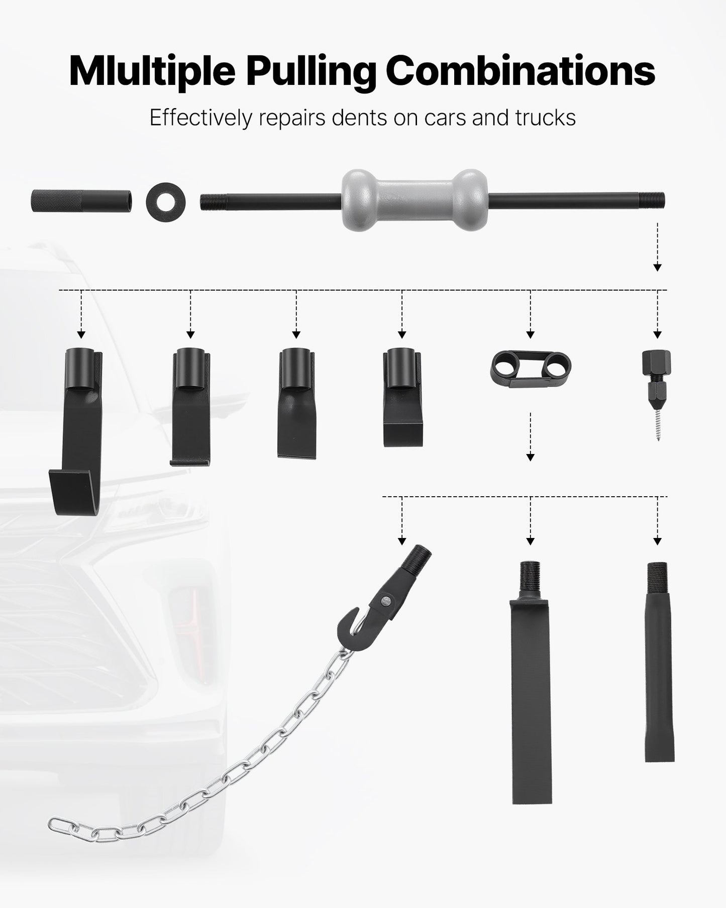 Dent Puller Kit, 4.54 kg 13-in-1 Slide Hammer Dent Removal Kit, Heavy-Duty Auto Body Truck Repair Automotive Damage Remover Tool Repair Frame with Carrying Case, Extension Rod, Non-Slip Handle