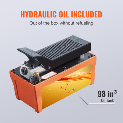 Air Hydraulic Pump, 10,000 PSI, 1/2 Gal, Foot Pedal Control, 6.6 m Pipe, Orange